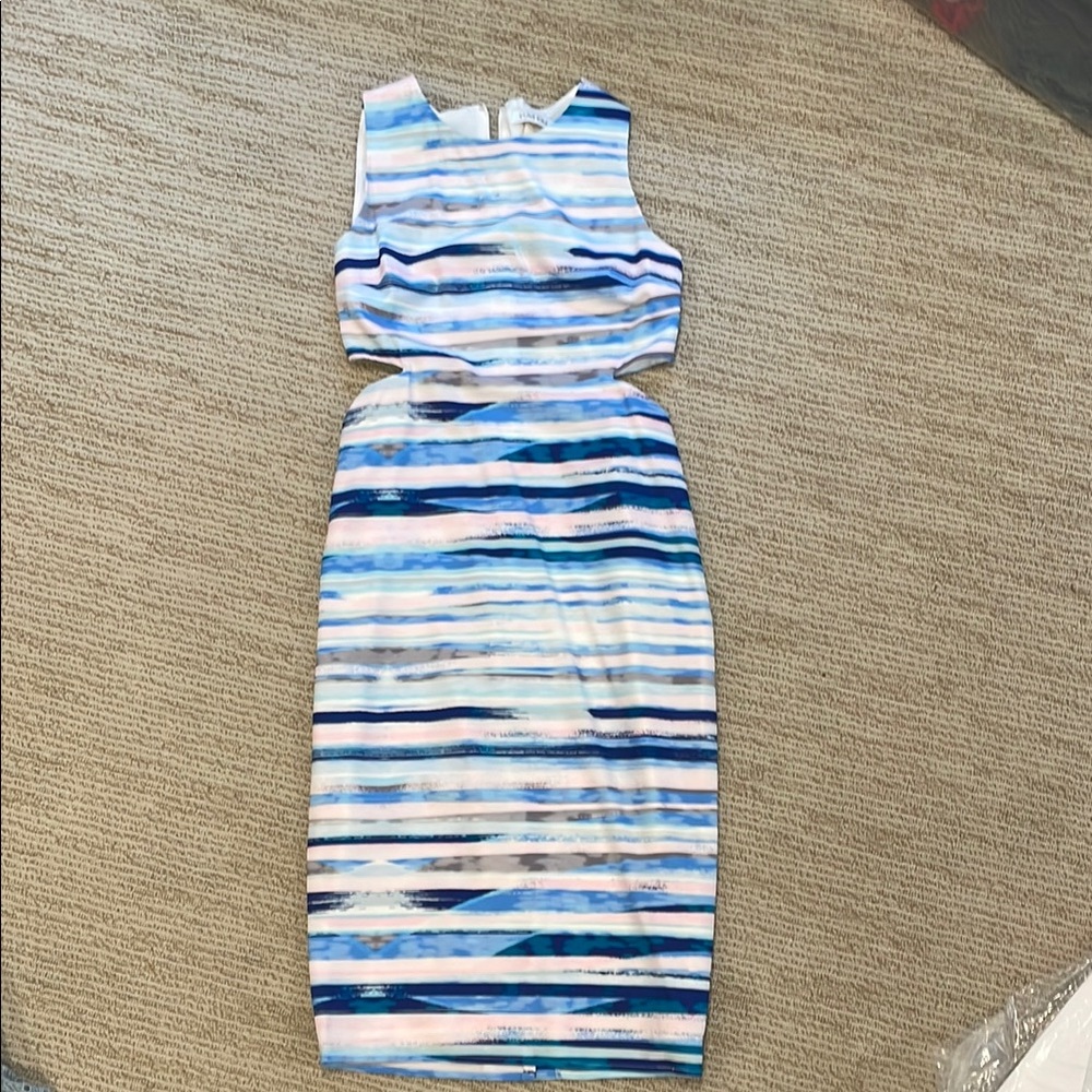 Yum I Kim Blue and White Ruched Sheath Dress Scoop Neck Sleeveless